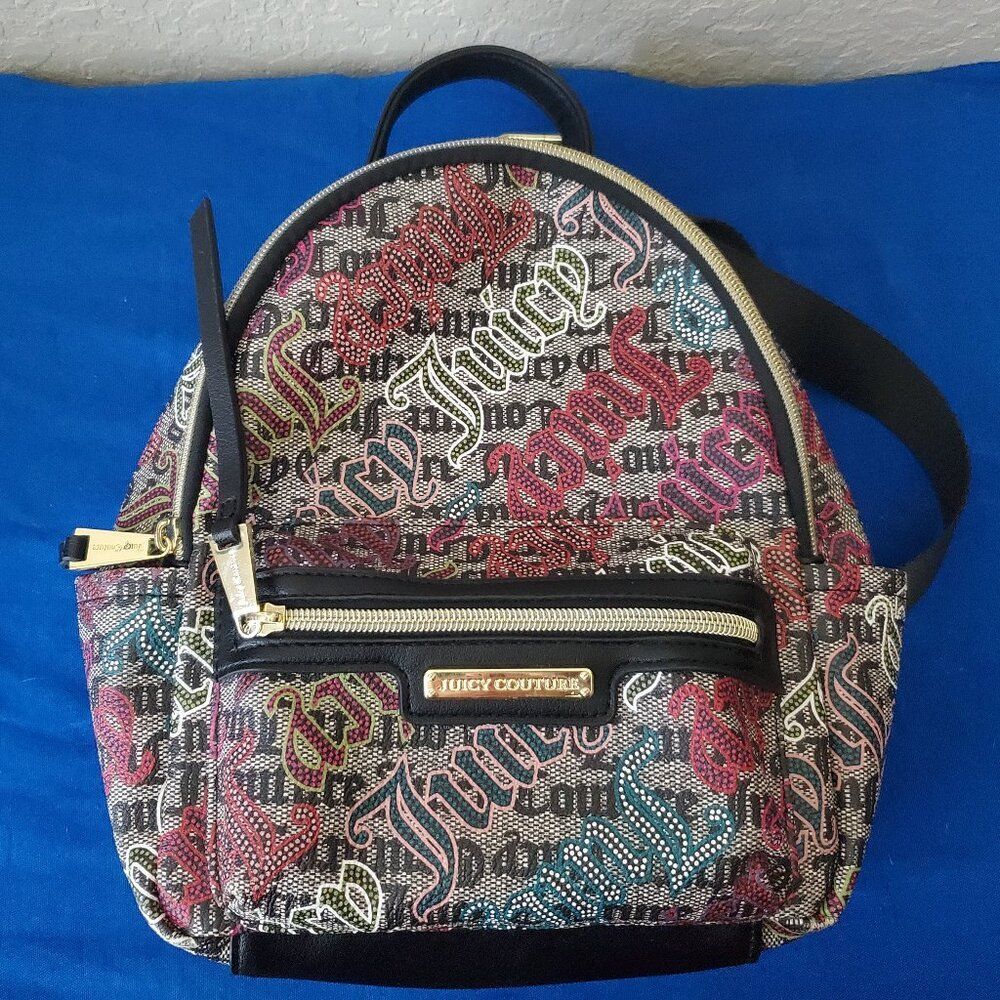 Juicy Couture Gothic Logo Mini Backpack Multicolor Jacquard Canvas Small Daypack